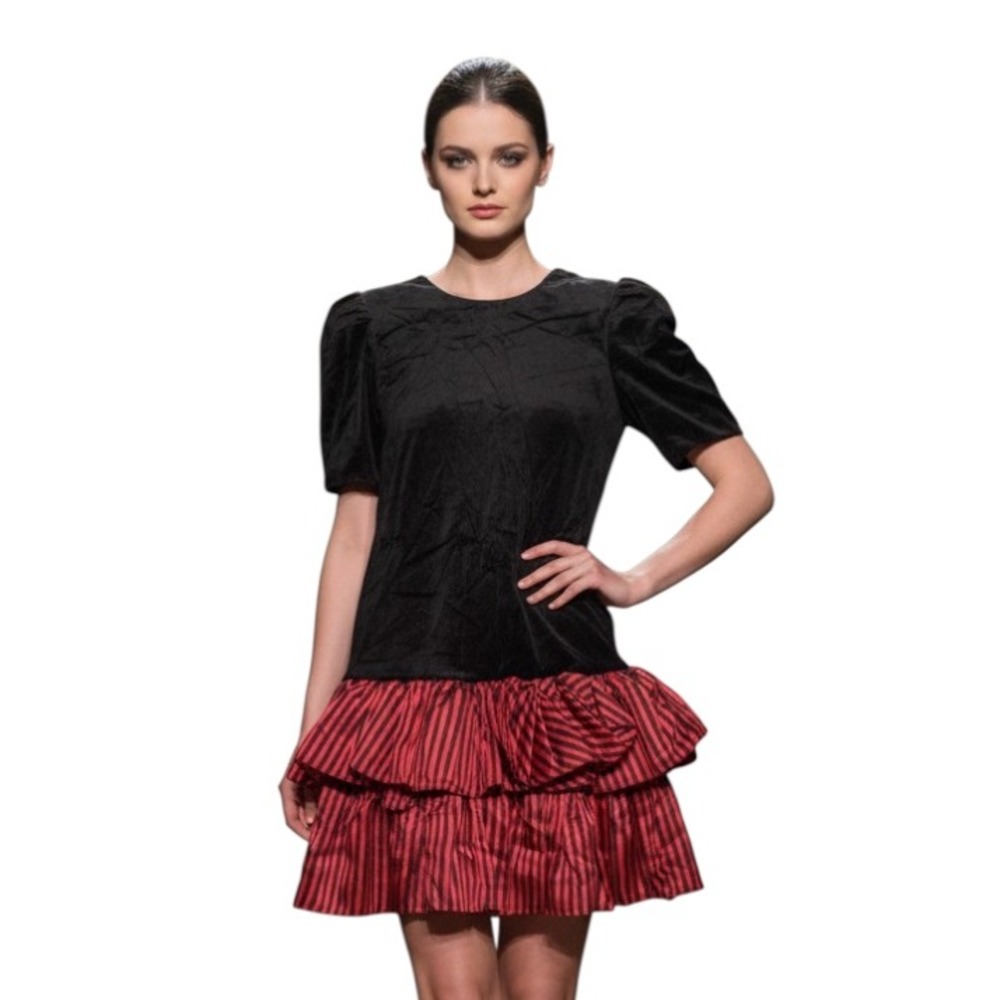 Vtg 80's BREAKIN' LOOSE Black Velvet Dress Red RUFFLE Satin Tiered Skirt  5/6 S